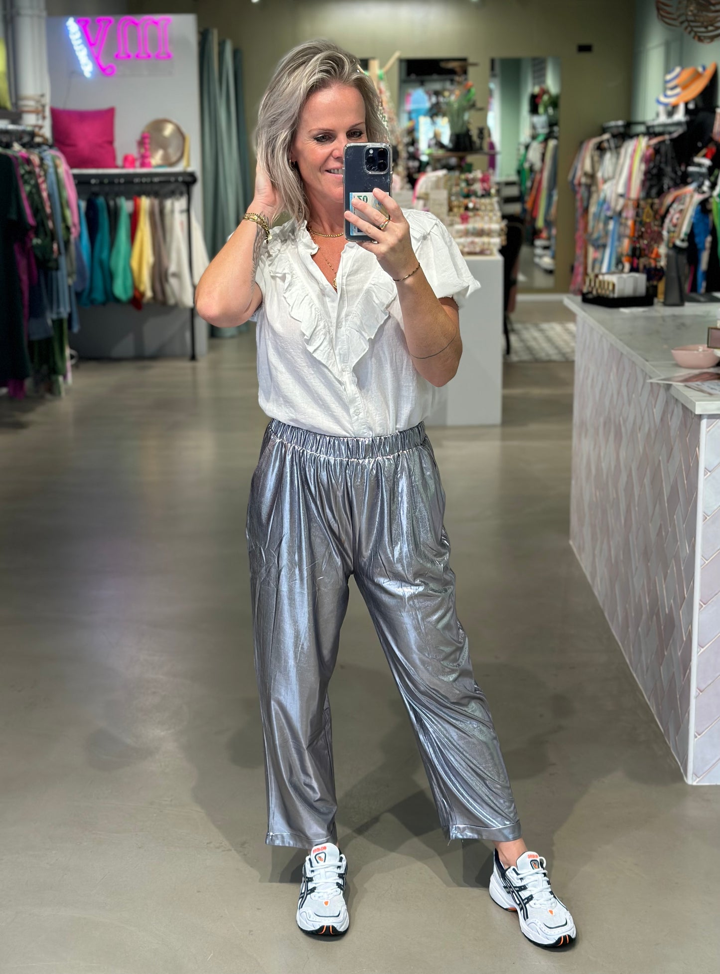 Metallic jogger pants gun silver