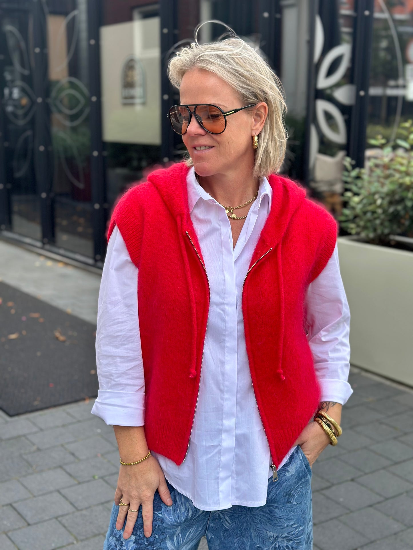 Mohair mix hoodie vest rood