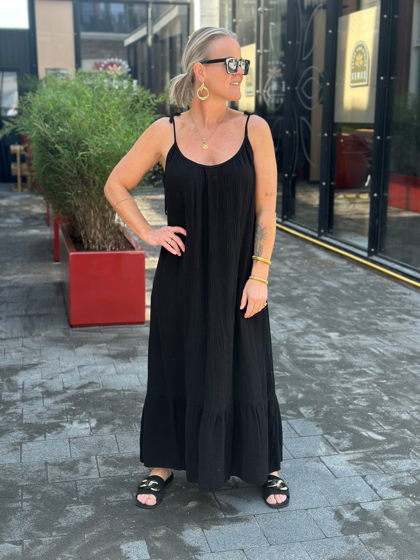Summer wafel Dress lang zwart