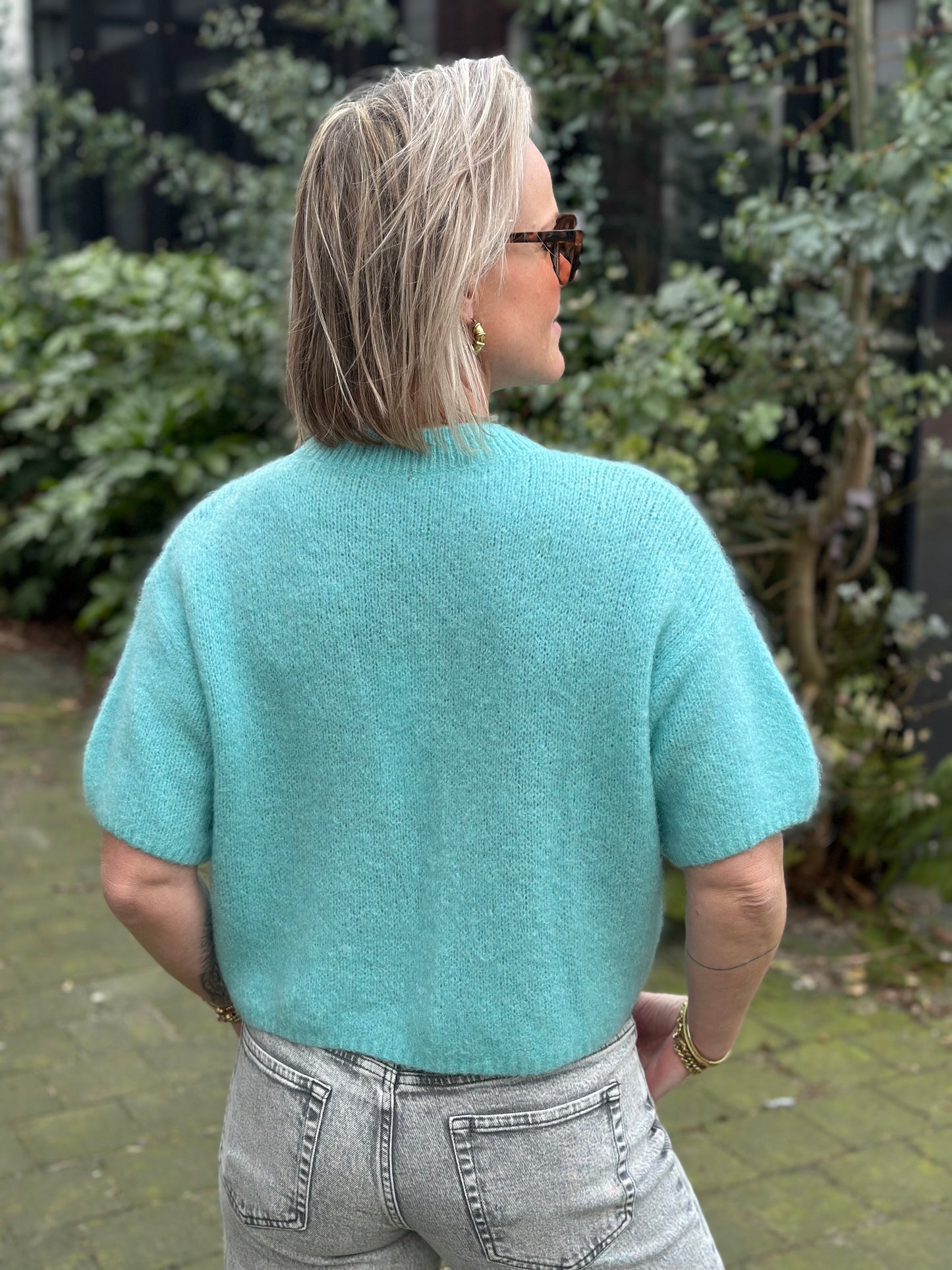 Mohair mix trui korte mouw aqua