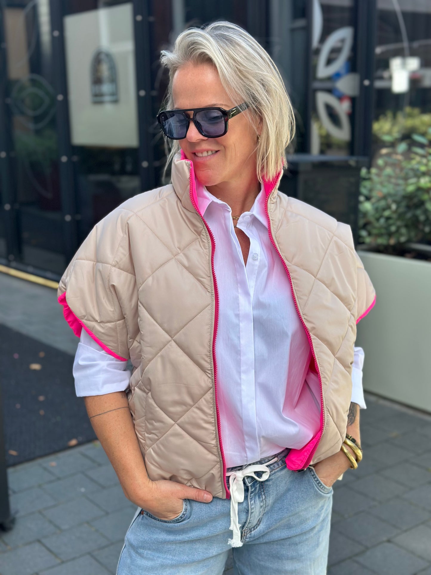 Padded bodywarmer dubbelzijdig beige