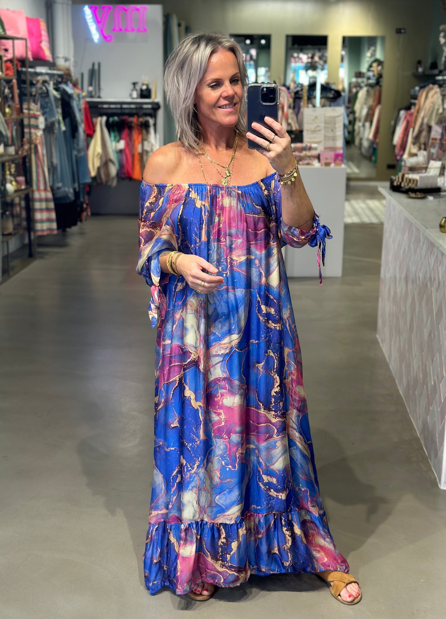 zijde maxi jurk Marry kobalt en Fuchsia