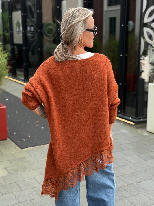 Asymmetrisch trui met kant brique
