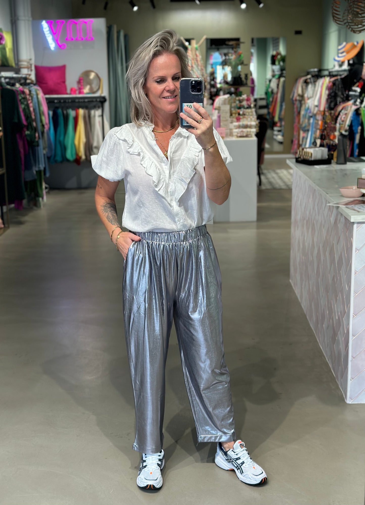 Metallic jogger pants gun silver