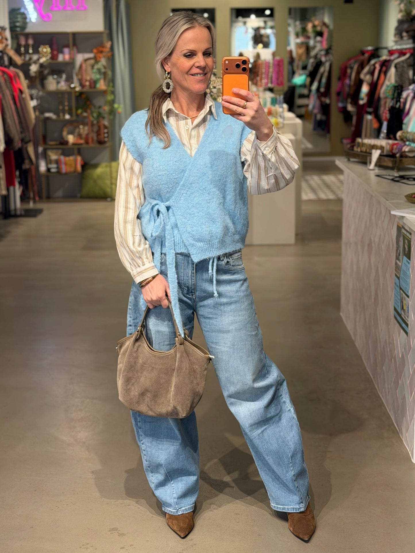 Stripe blouse pofmouw beige