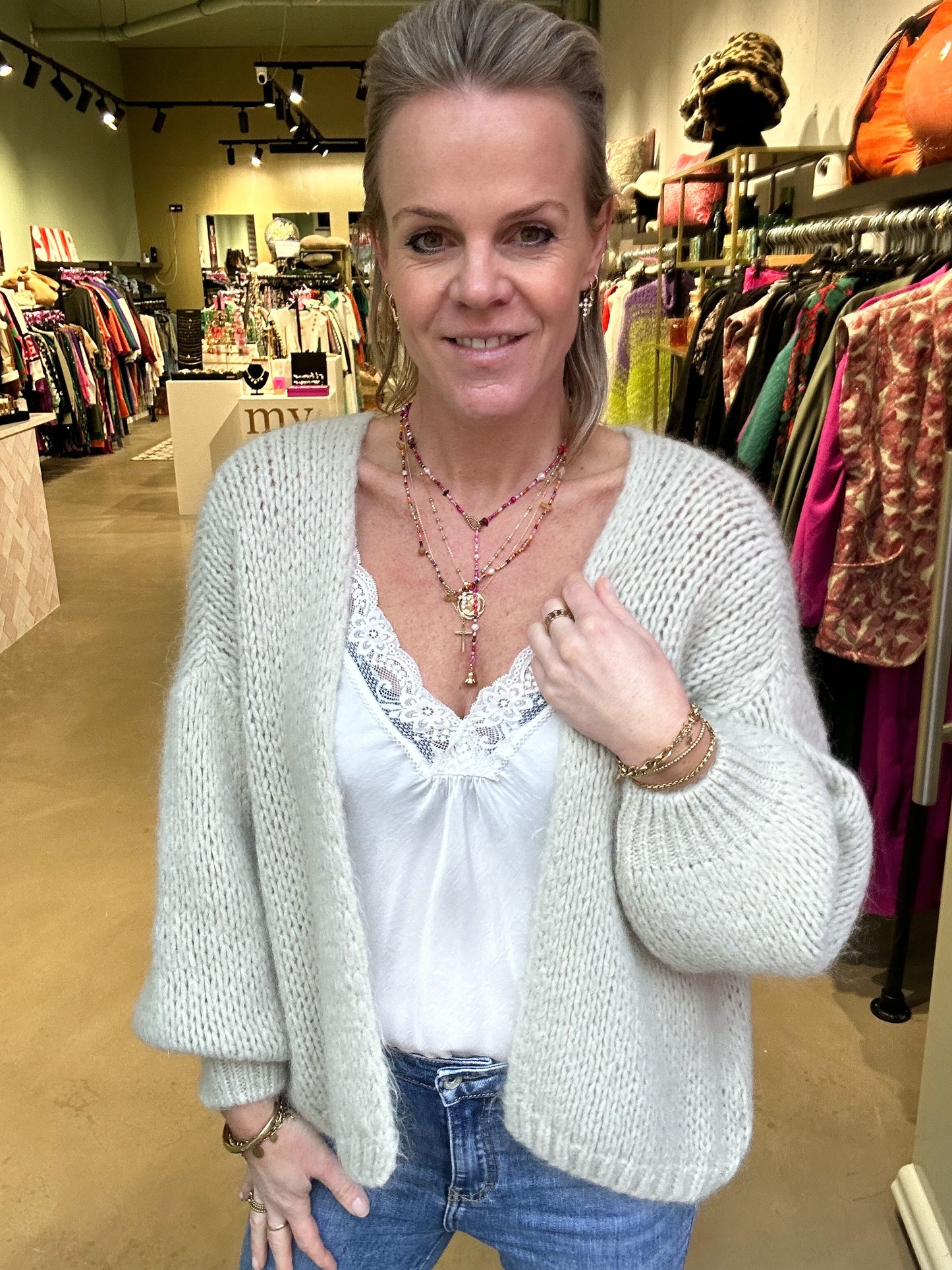 Mohair mix vest kort met pofmouw beige