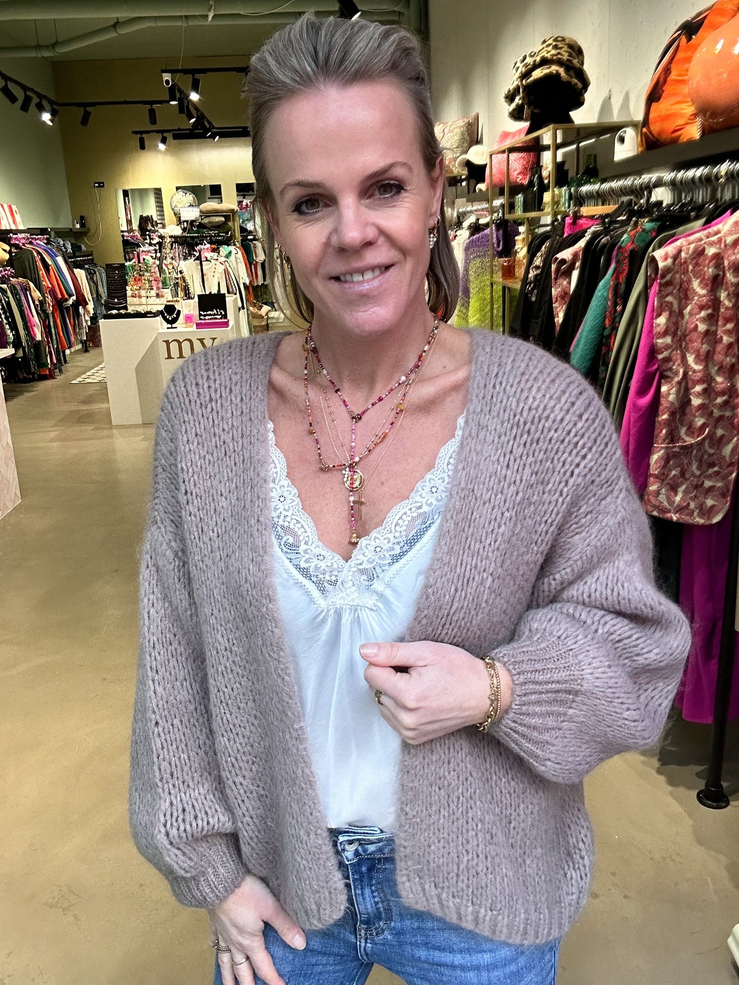 Mohair mix vest kort met pofmouw Licht taupe