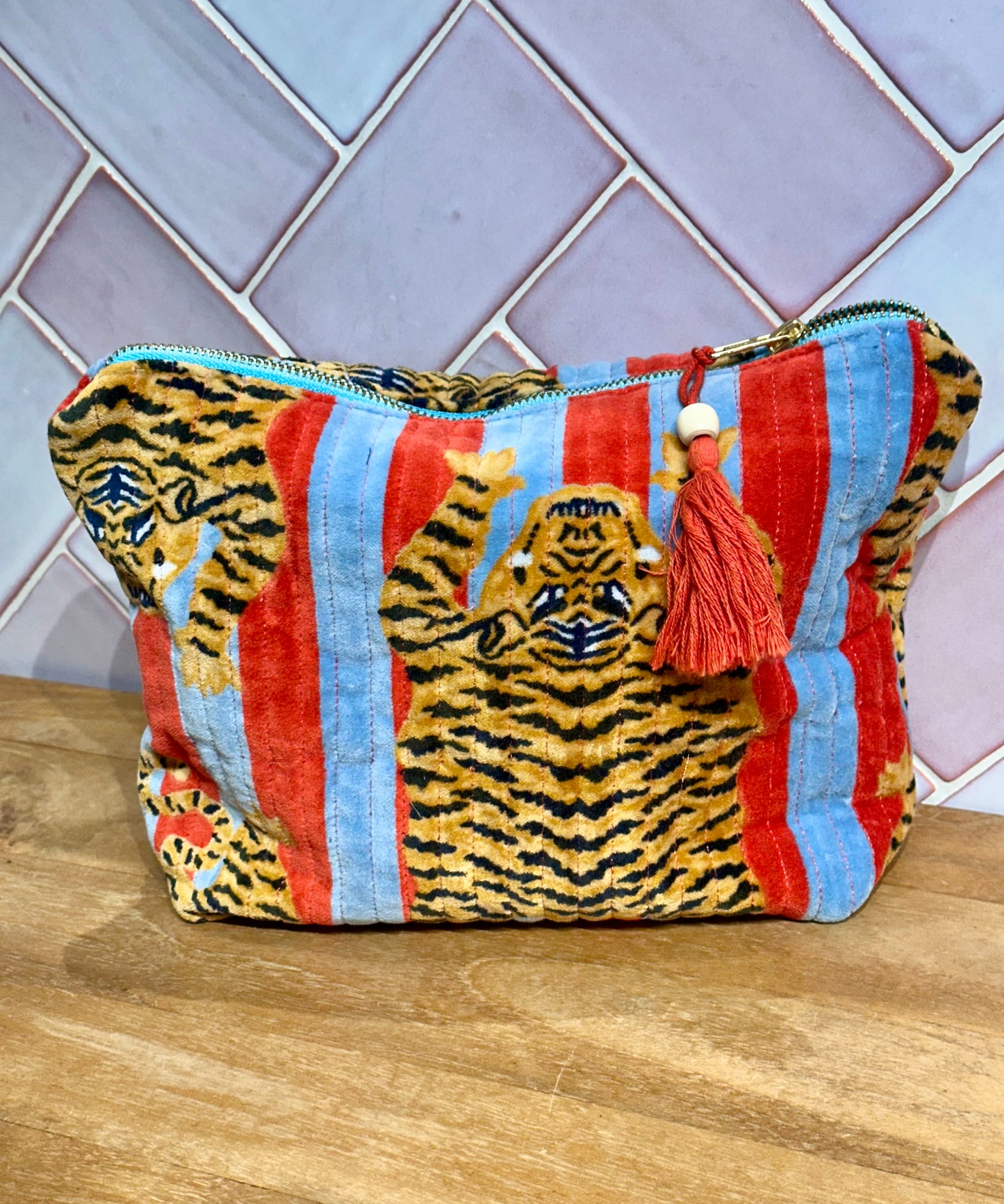 Toilettas velvet Leopard blauw rood