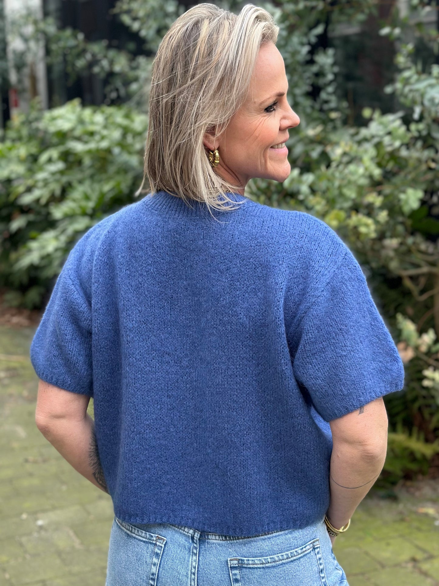 Mohair mix trui korte mouw jeans blauw