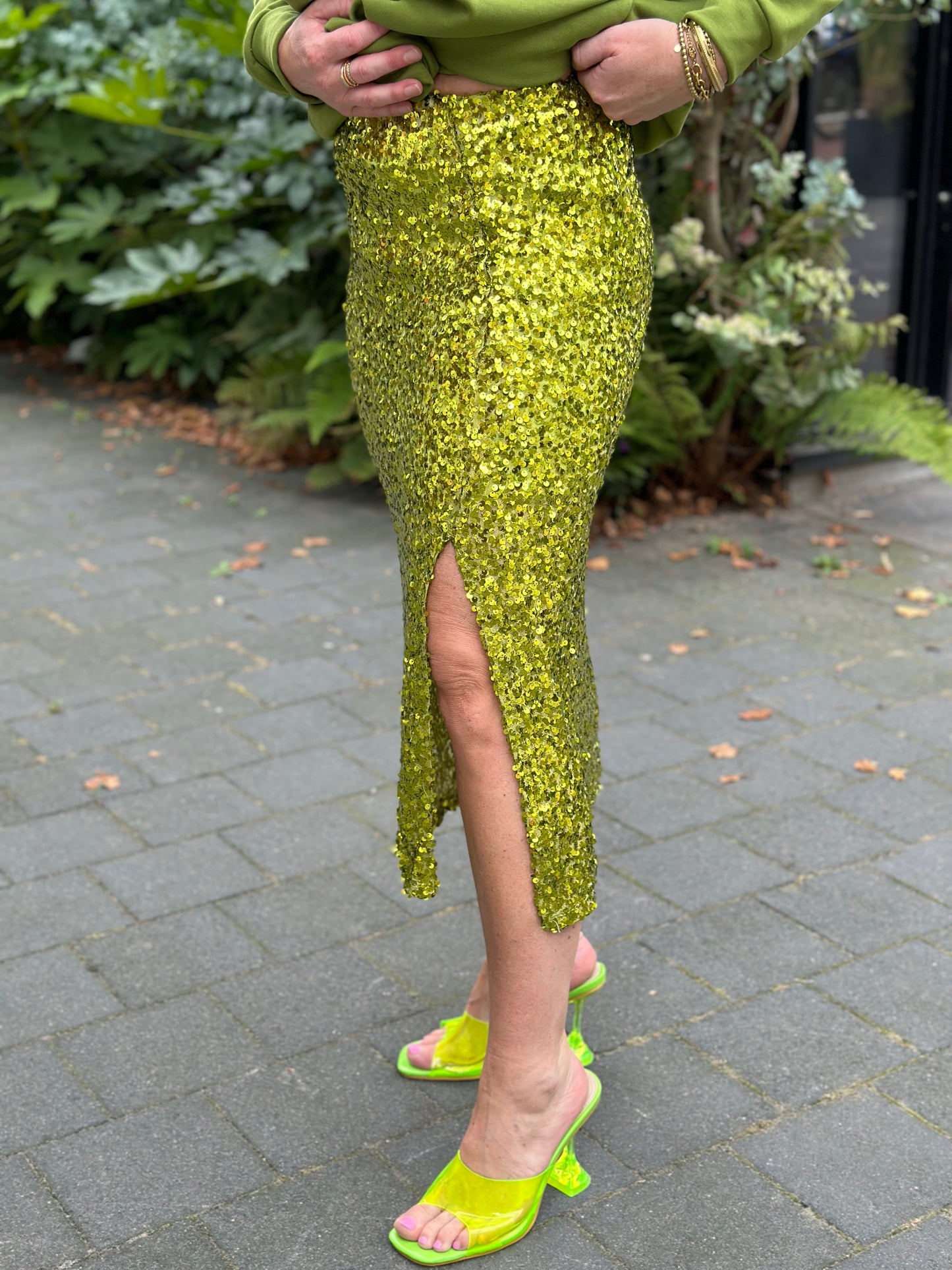pailletten rok met split lime green