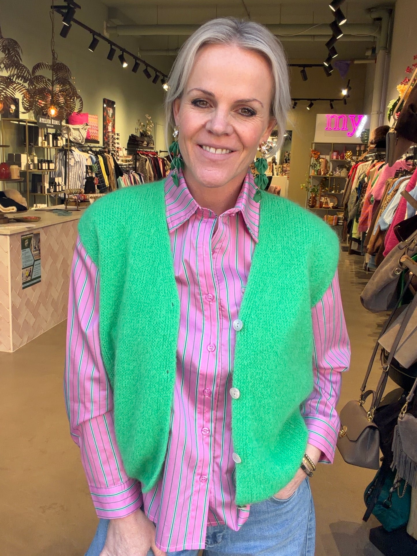 Pink Blouse joli green stripe