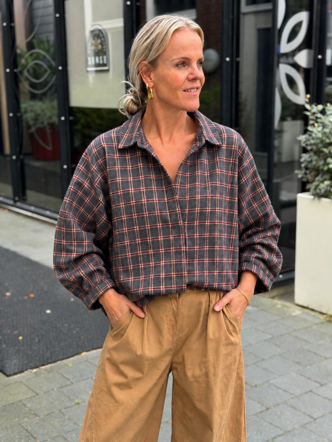 Flanel ruit blouse Dion grijs/ bordeaux