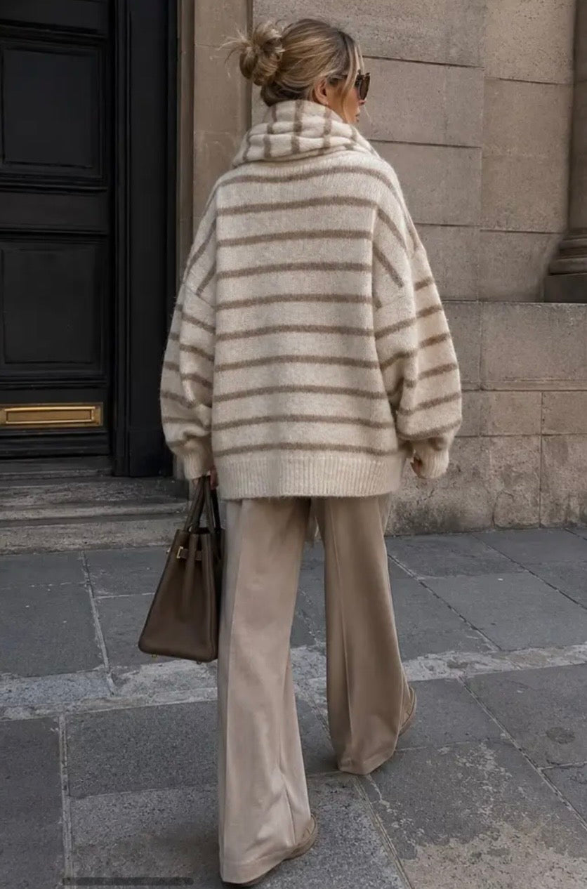 Cardigan Stripe met sjaal ecru/camel