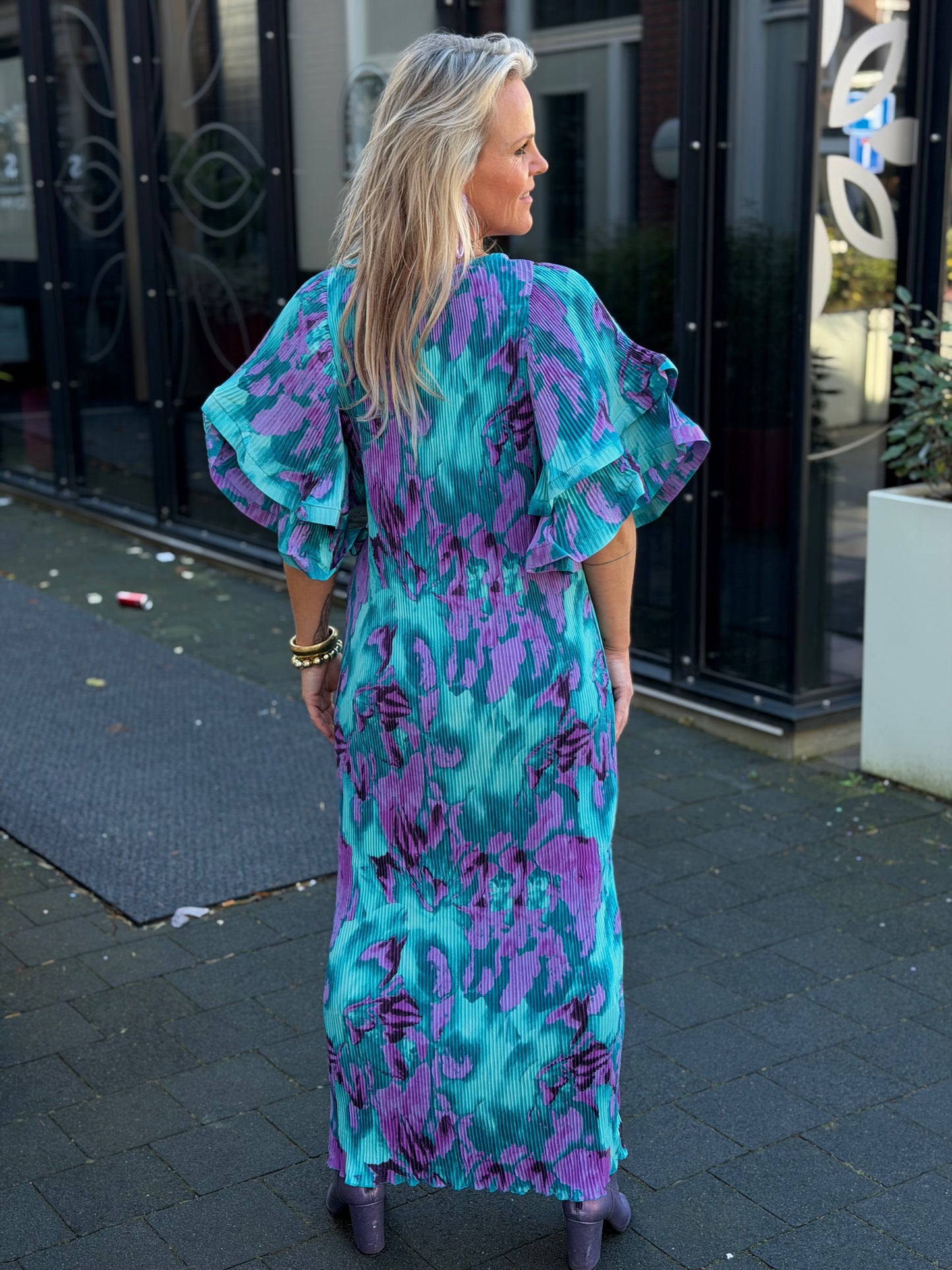 Plissé jurk flower bomb aqua