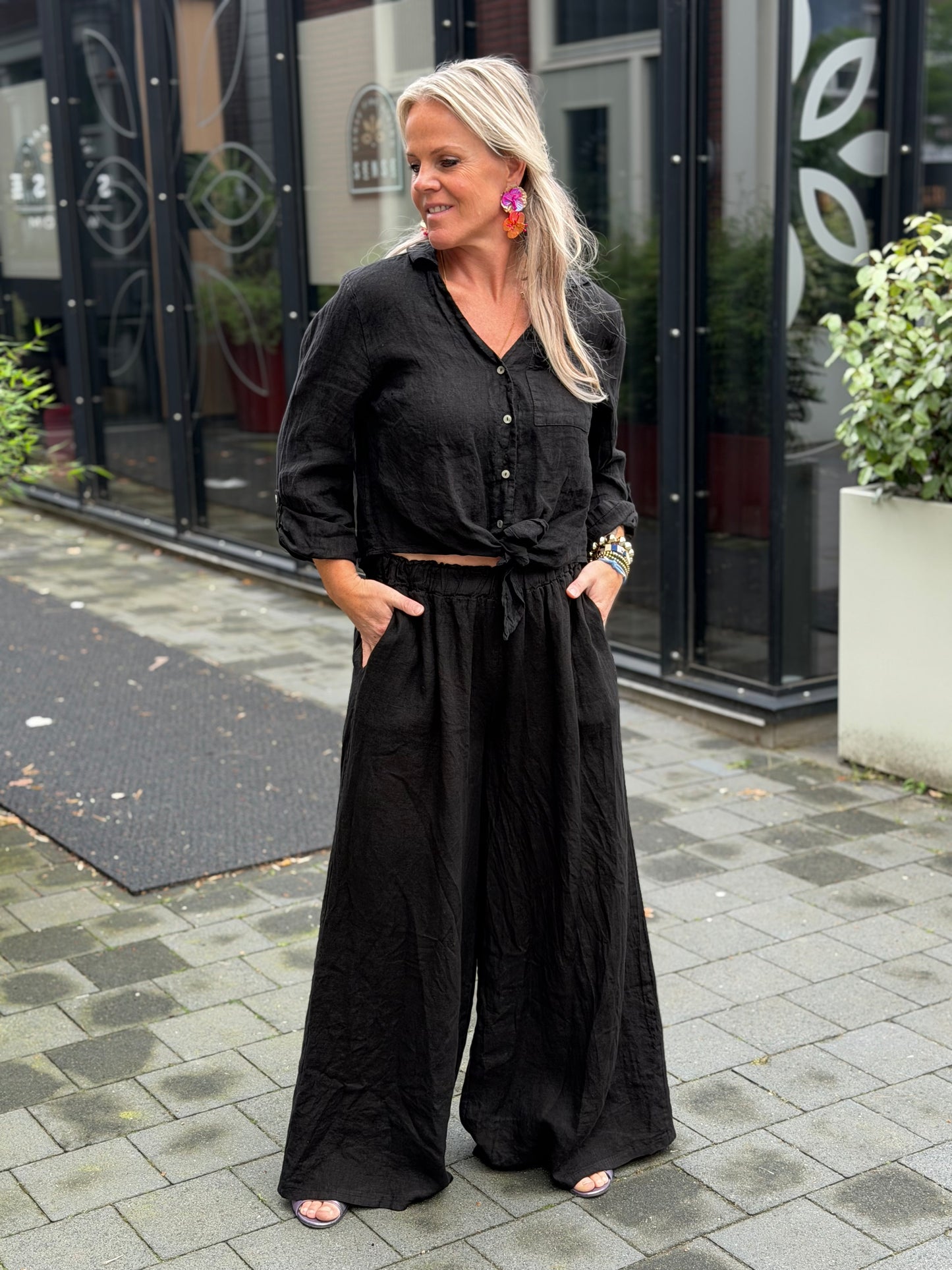 Linnen knot blouse zwart