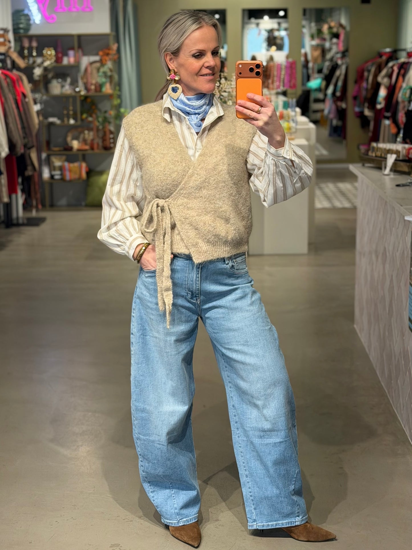 Stripe blouse pofmouw beige