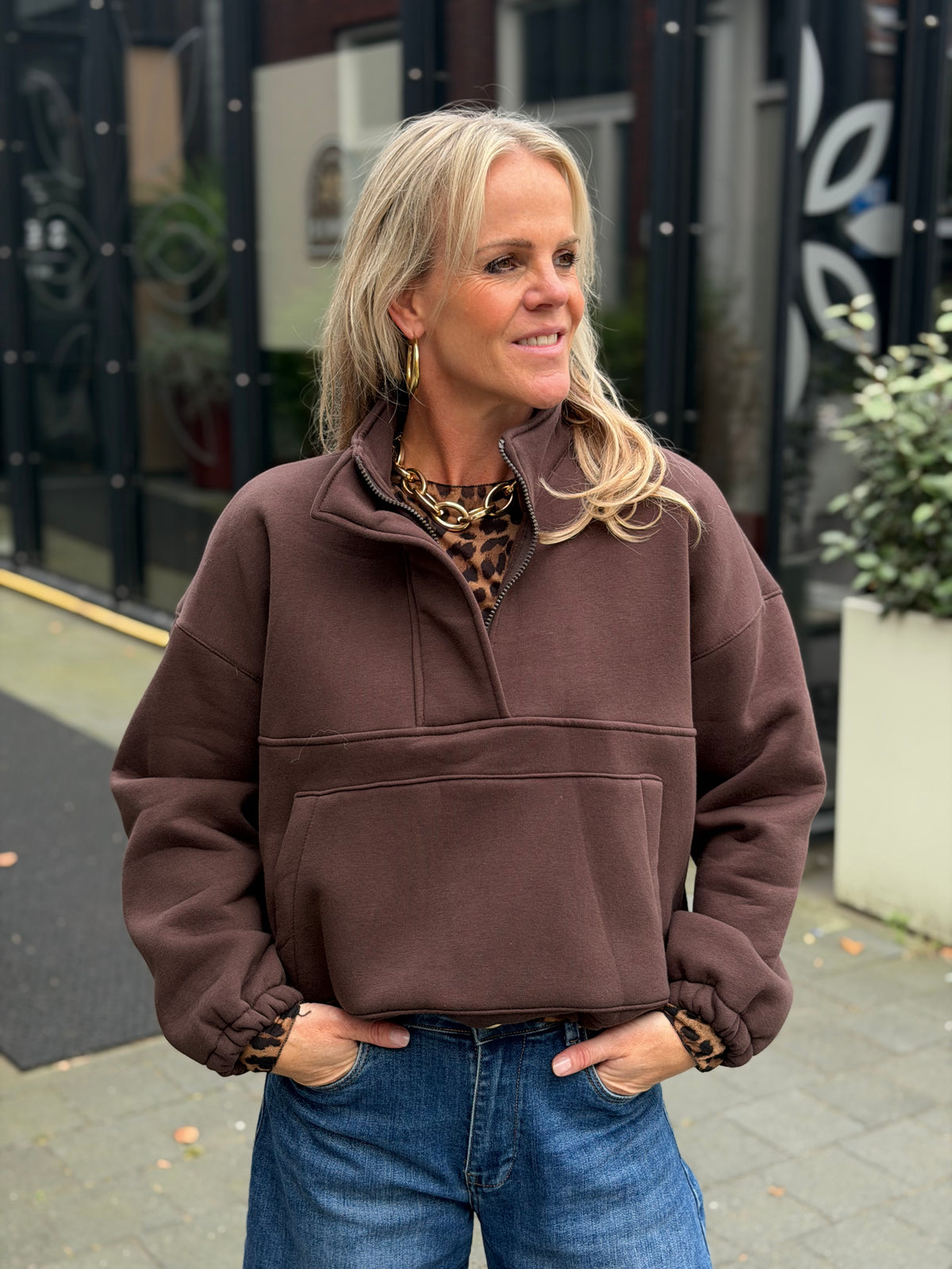 Zipper sweater bruin