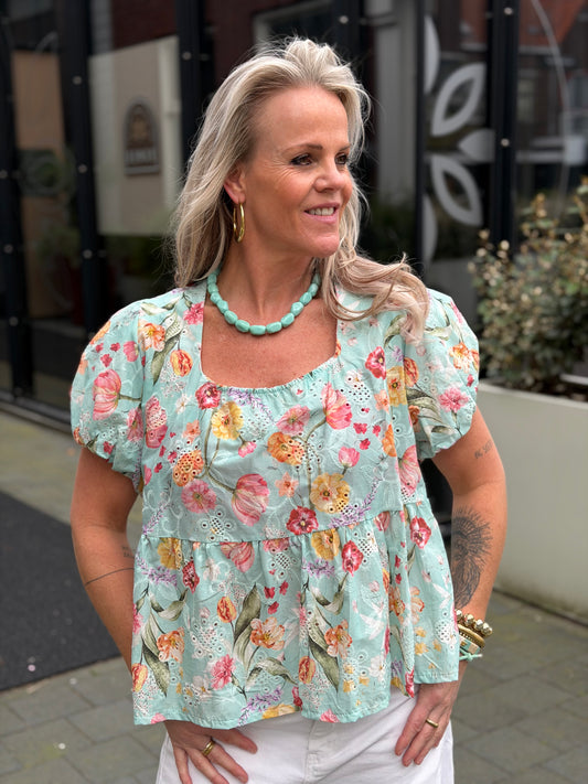 Broderie top Yuna aqua