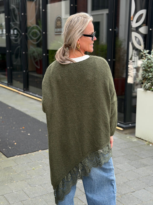 Asymmetrisch trui met kant khaki