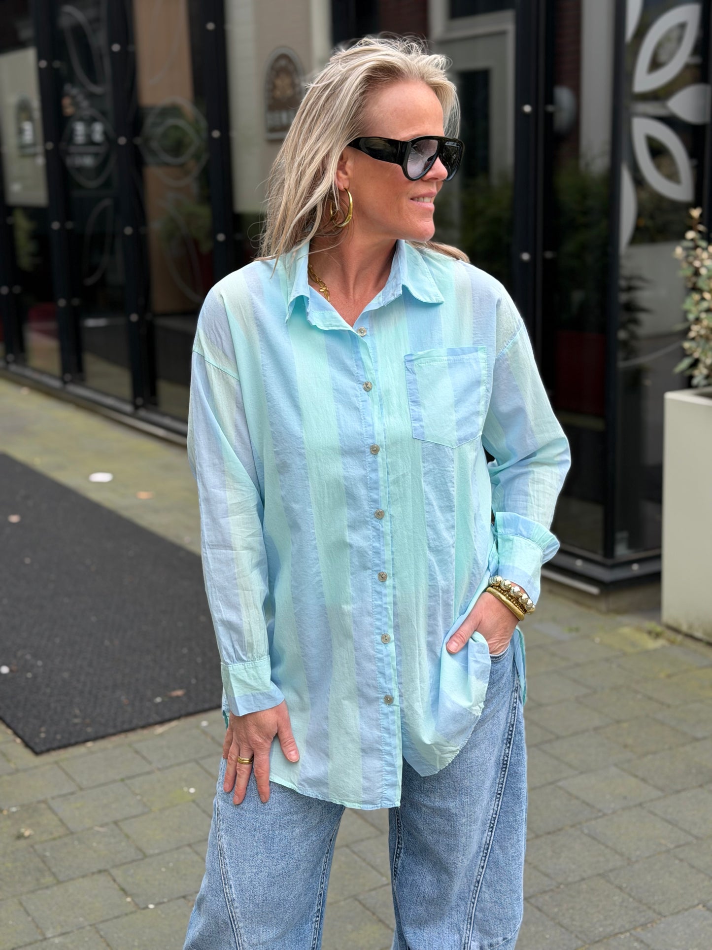 Block stripe blouse aqua/blue