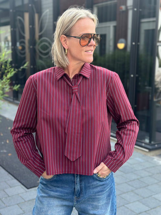 Korte stripe blouse bordeaux met stropdas
