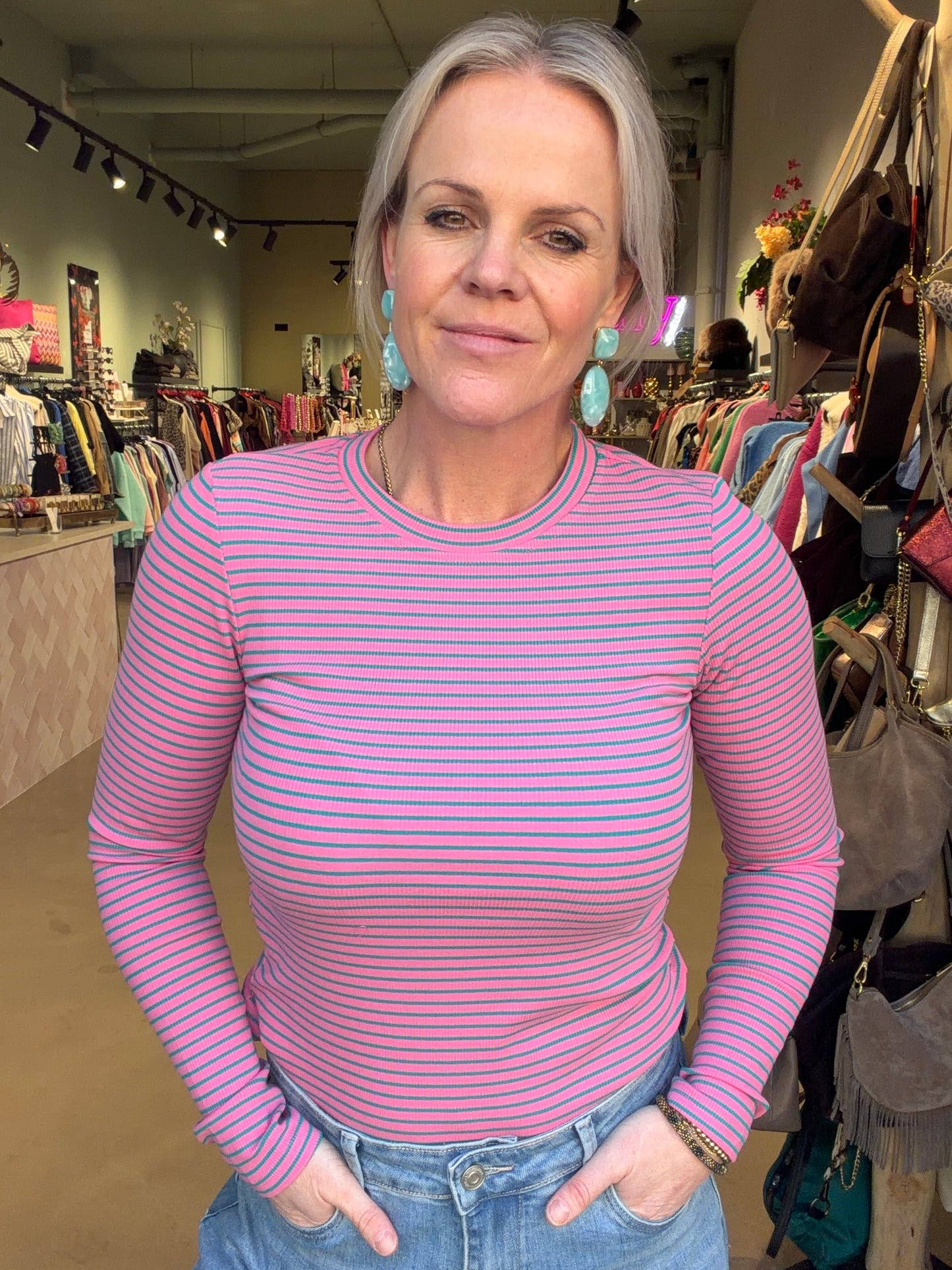 Longsleeve stripe fuchsia-groen