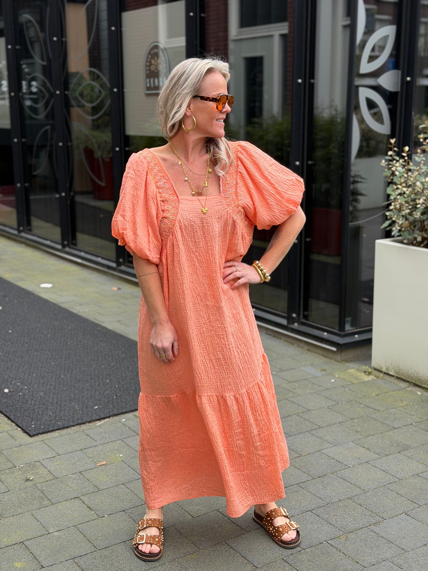 wafel maxi jurk Kiki Peach ORANGE