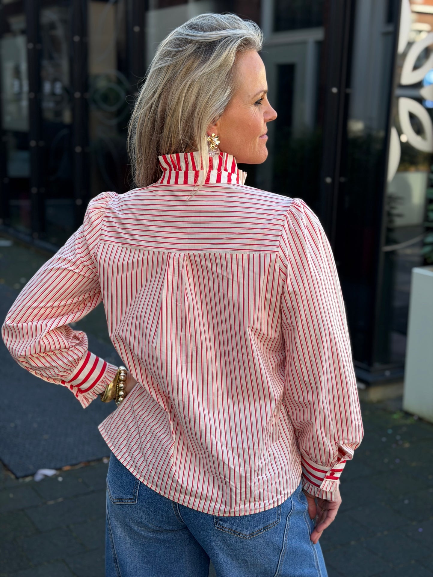 Red/ecru stripe top
