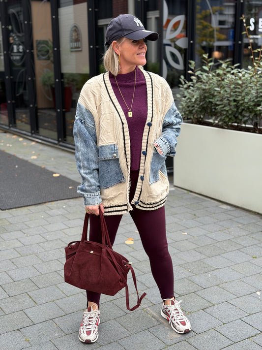 Oversized knitted cardigan denim sleeve