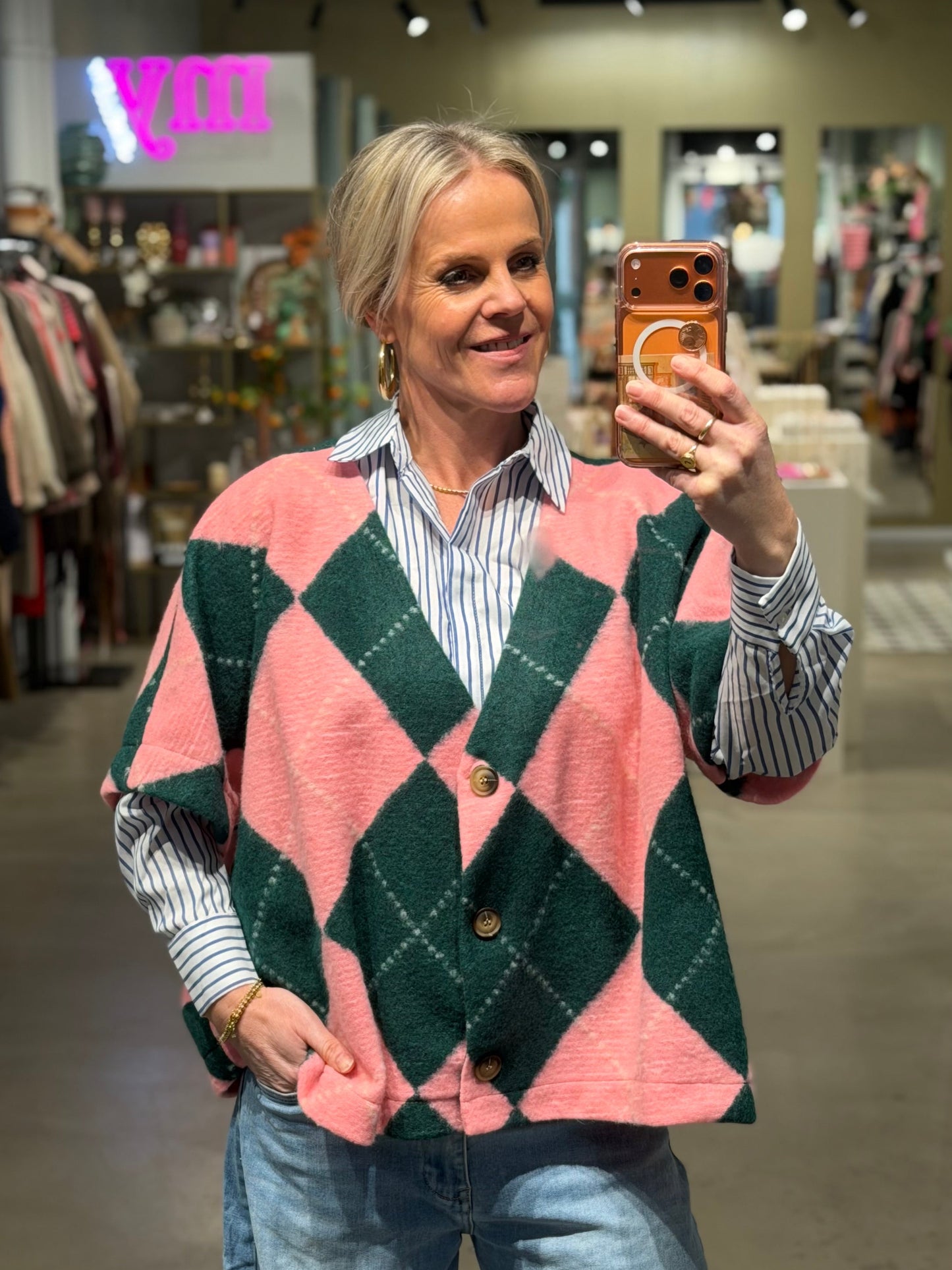 Ruit vest mouwloos roze groen