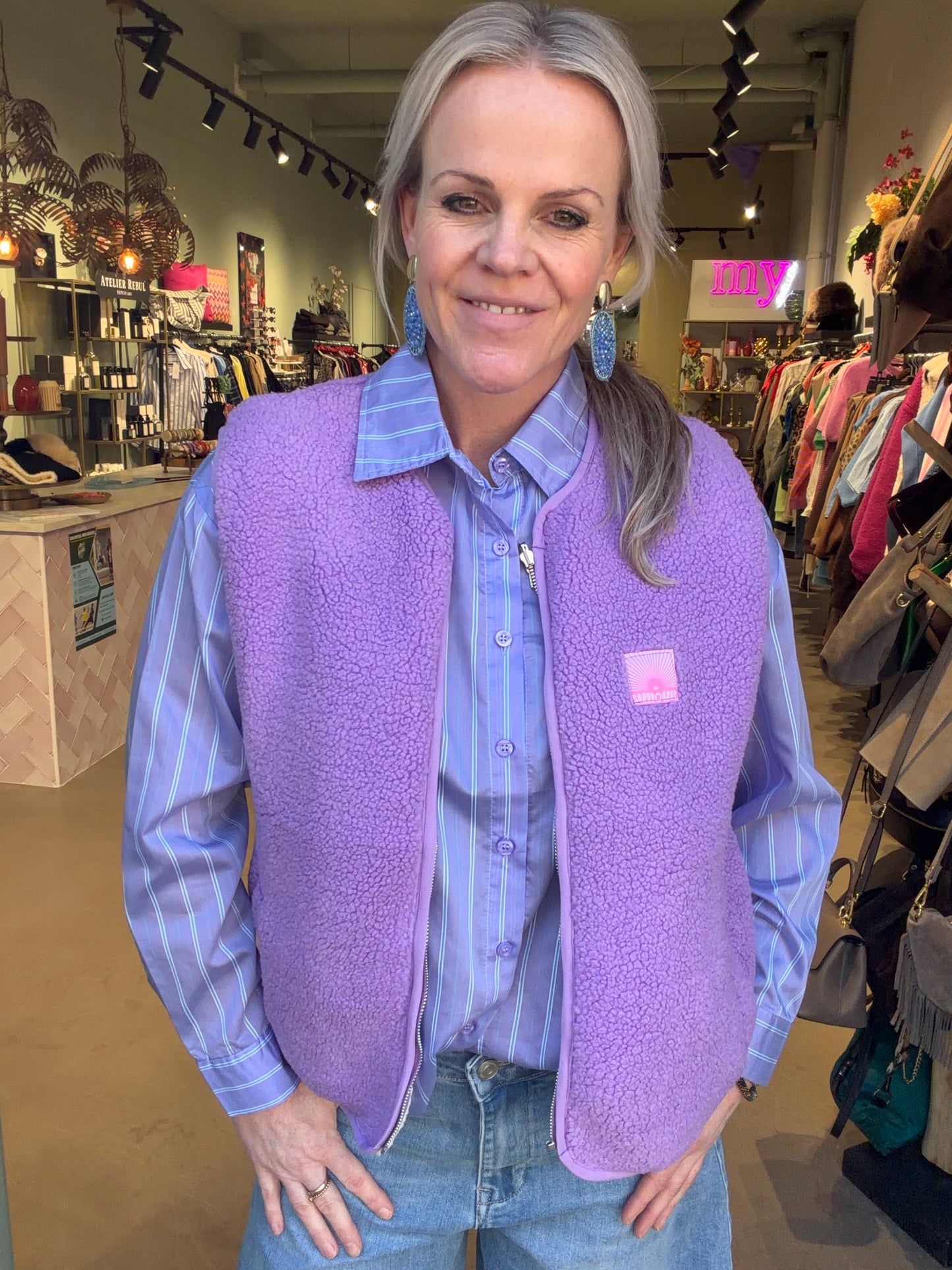 Dubbelzijdige teddy bodywarmer lila