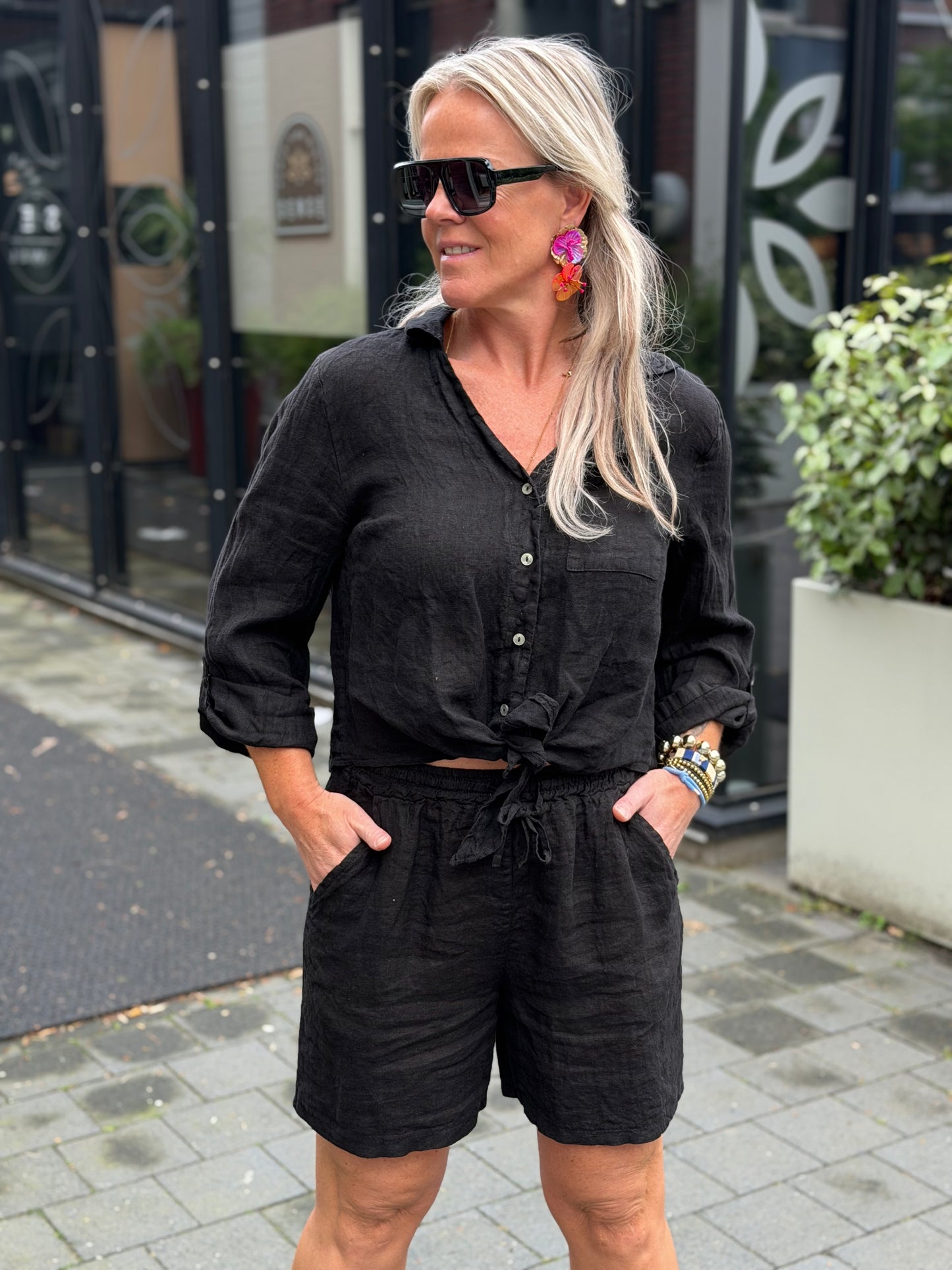 Linnen knot blouse zwart