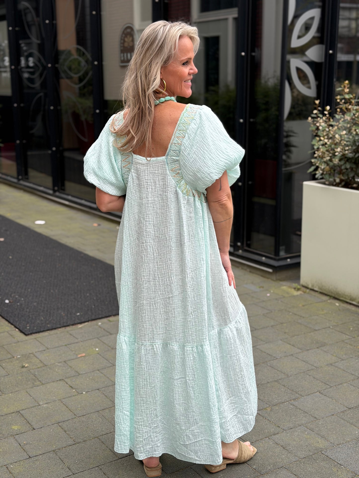 wafel maxi jurk Kiki licht aqua