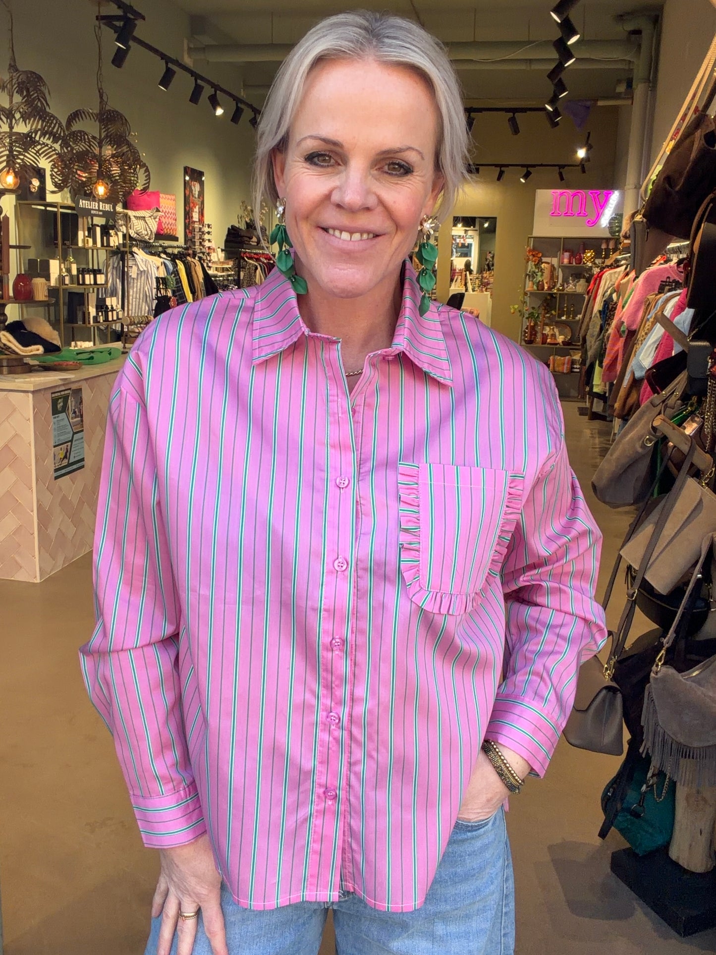 Pink Blouse joli green stripe