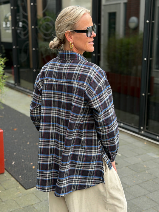 Flanel ruit blouse donkergrijs -kobalt