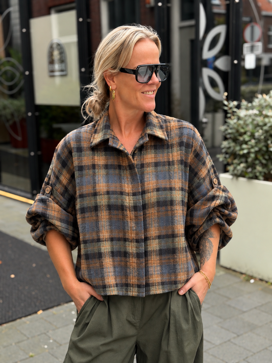 Flanel ruit blouse Dion khaki/camel