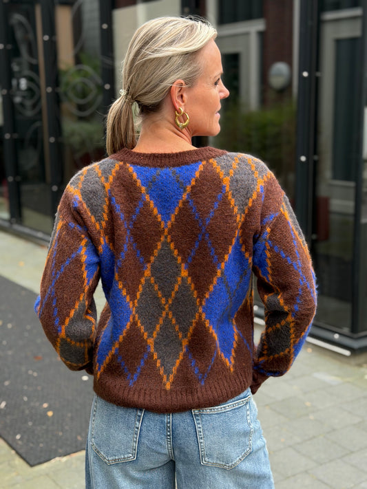 Mohair Argyle trui bruin kobalt