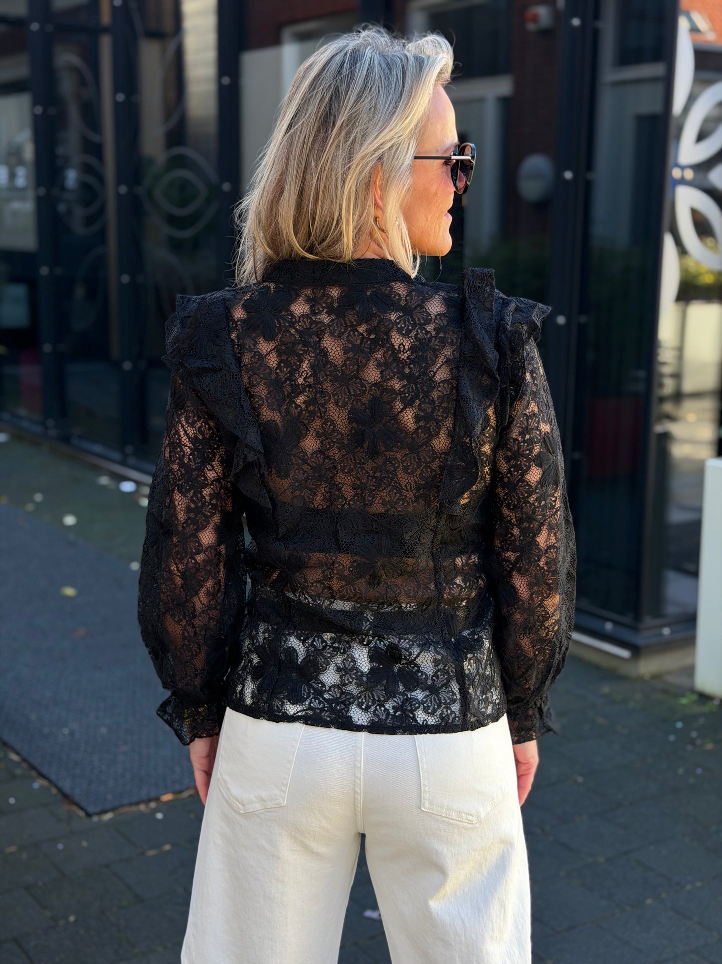 Kanten Volant blouse zwart