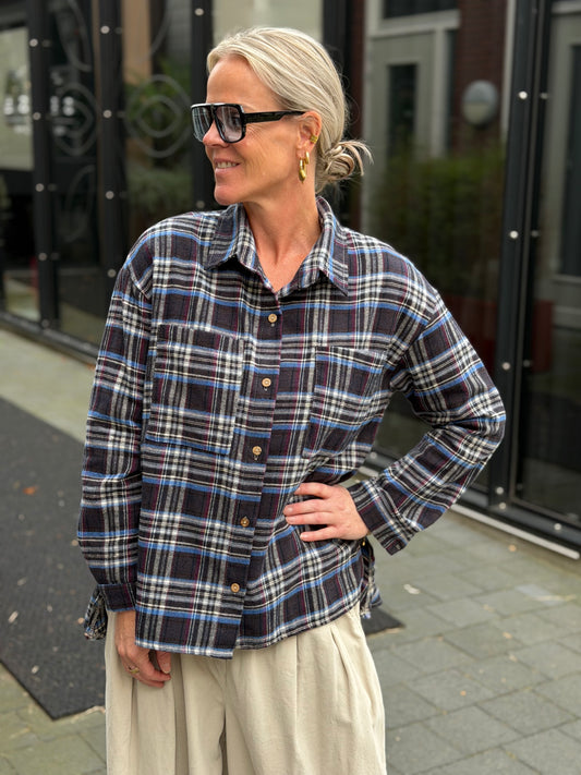 Flanel ruit blouse donkergrijs -kobalt