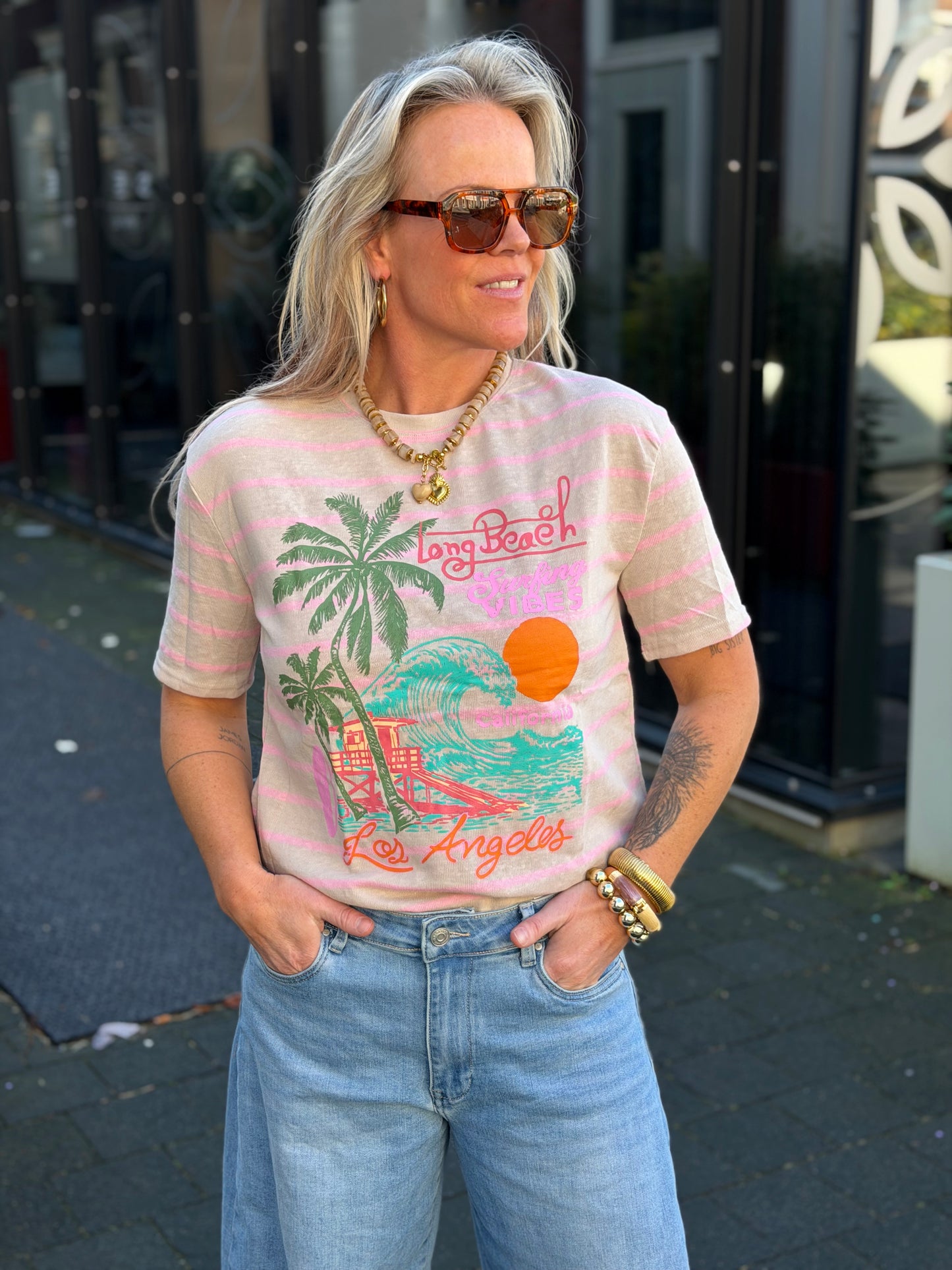 T-shirt stripe beige long beach