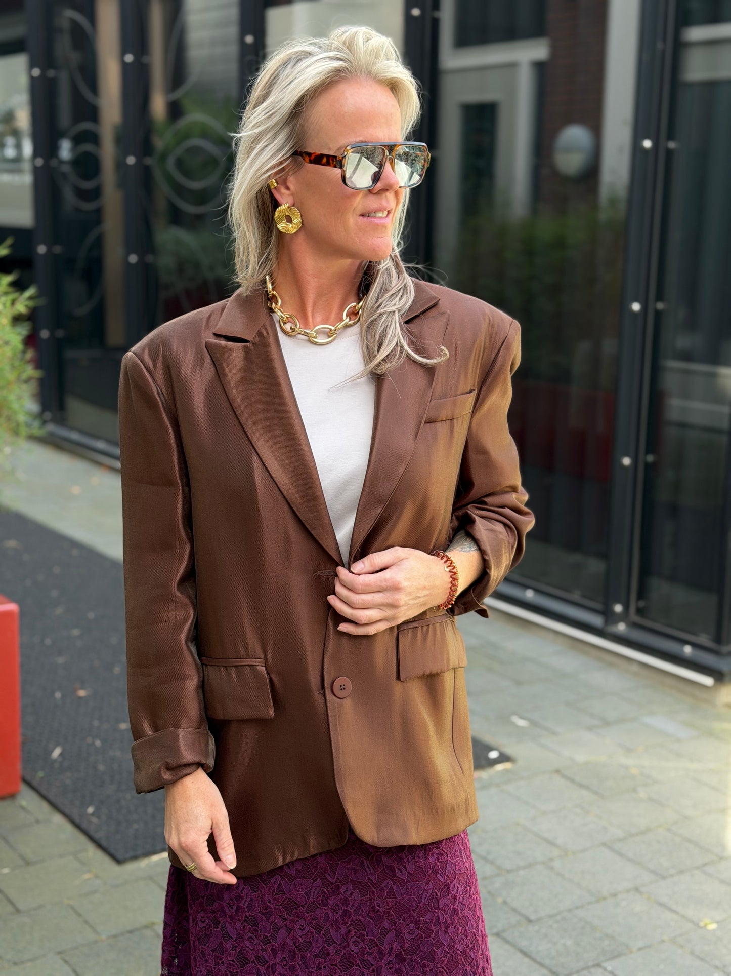 Oversized glanzende blazer bruin