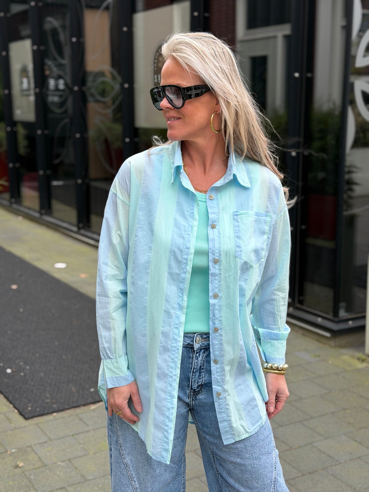 Block stripe blouse aqua/blue