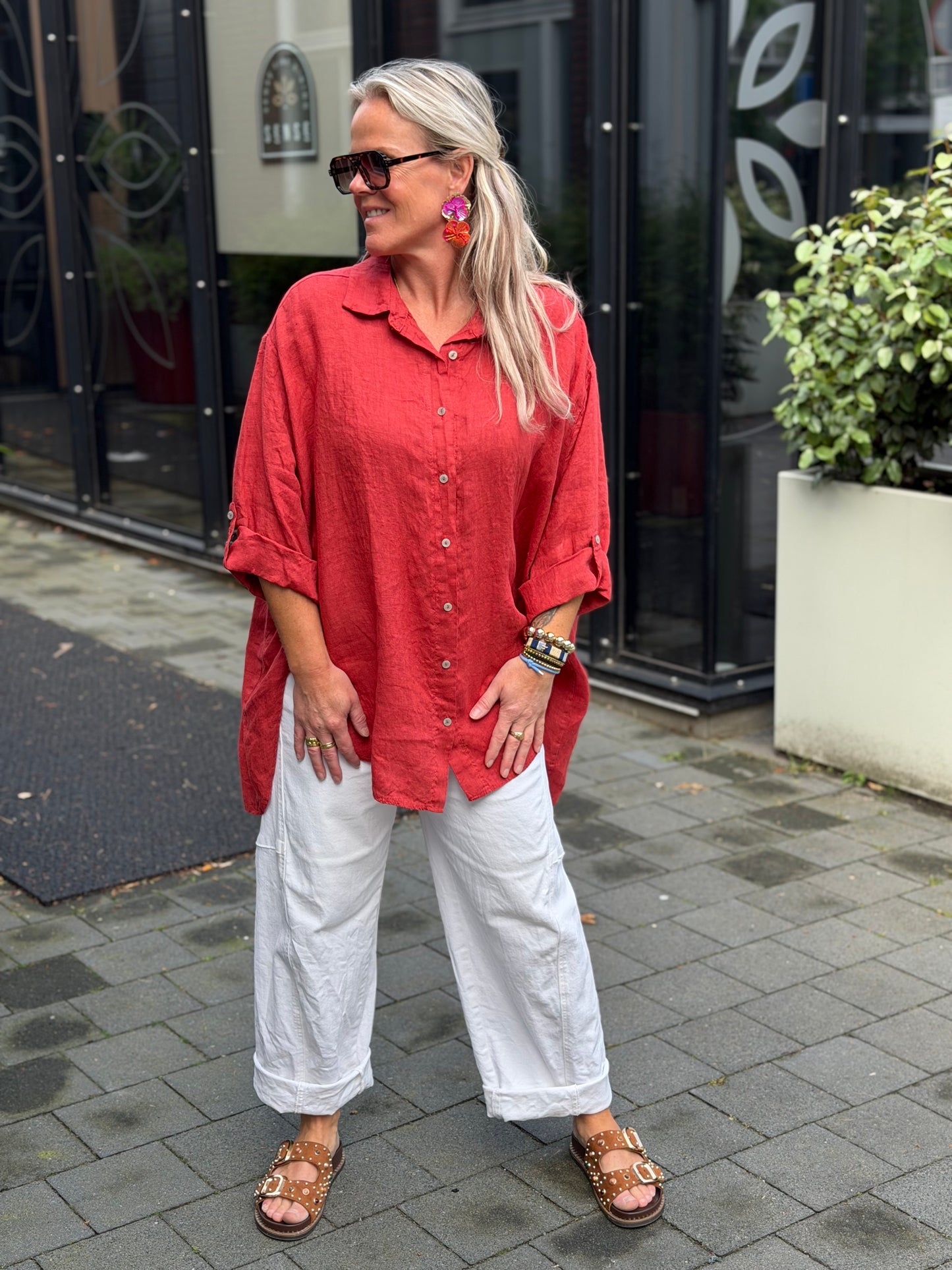 Linnen blouse oversized steen rood