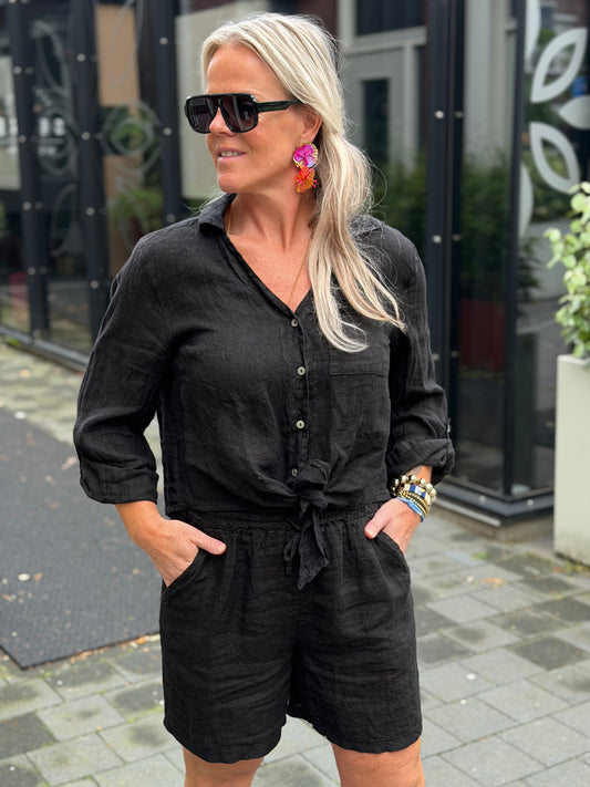 Linnen knot blouse zwart