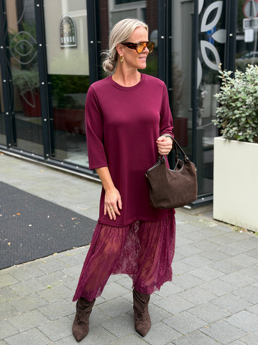 Scubba sweat Dress met kant aubergine
