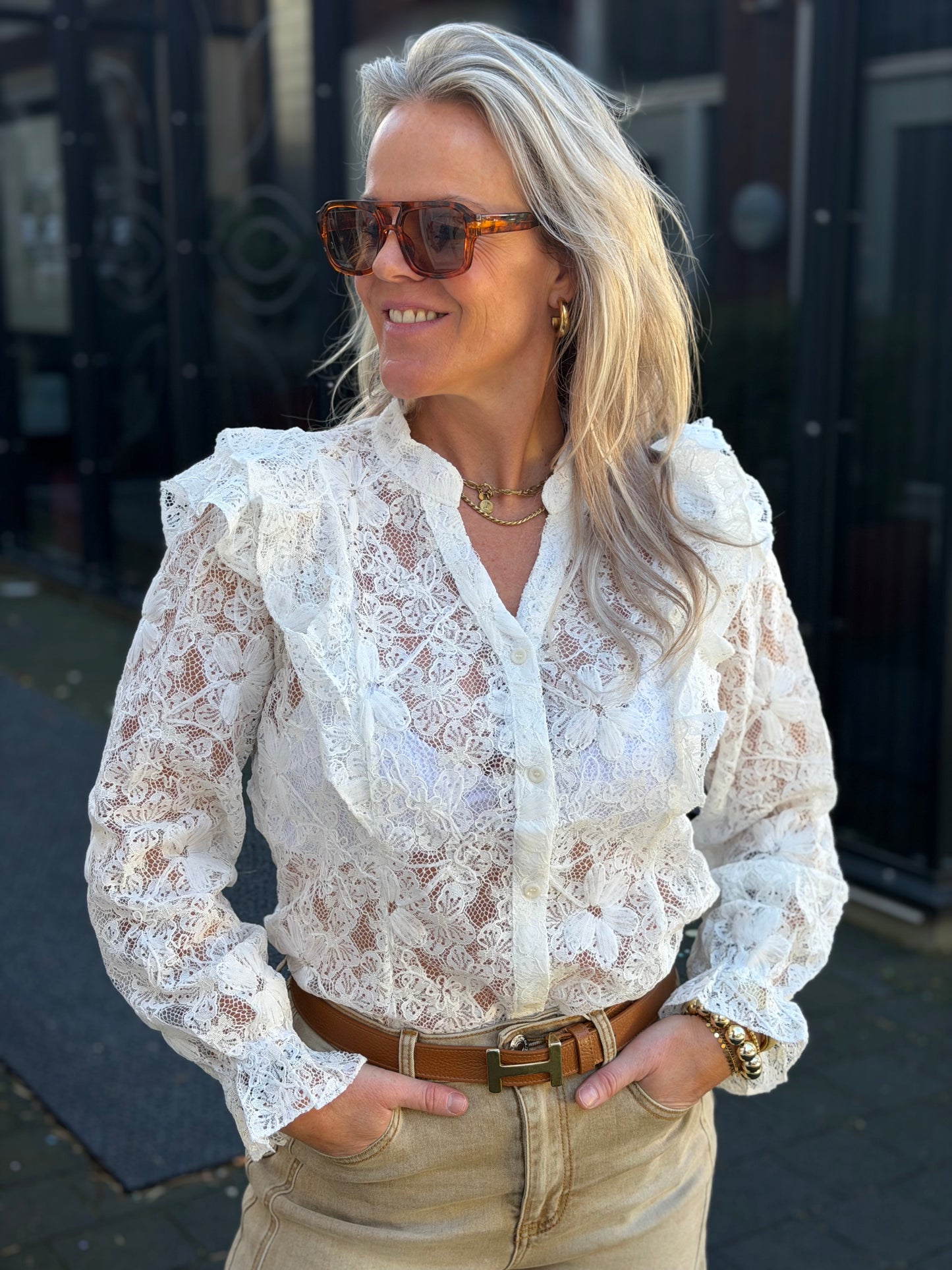 Kanten Volant blouse wit