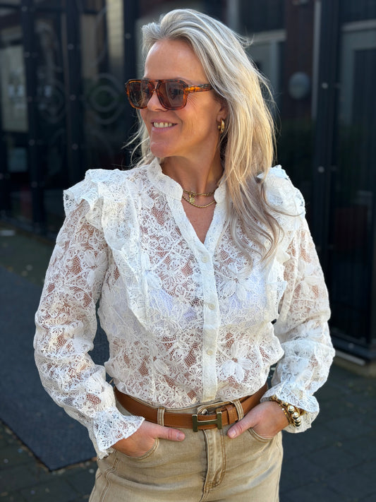 Kanten Volant blouse wit