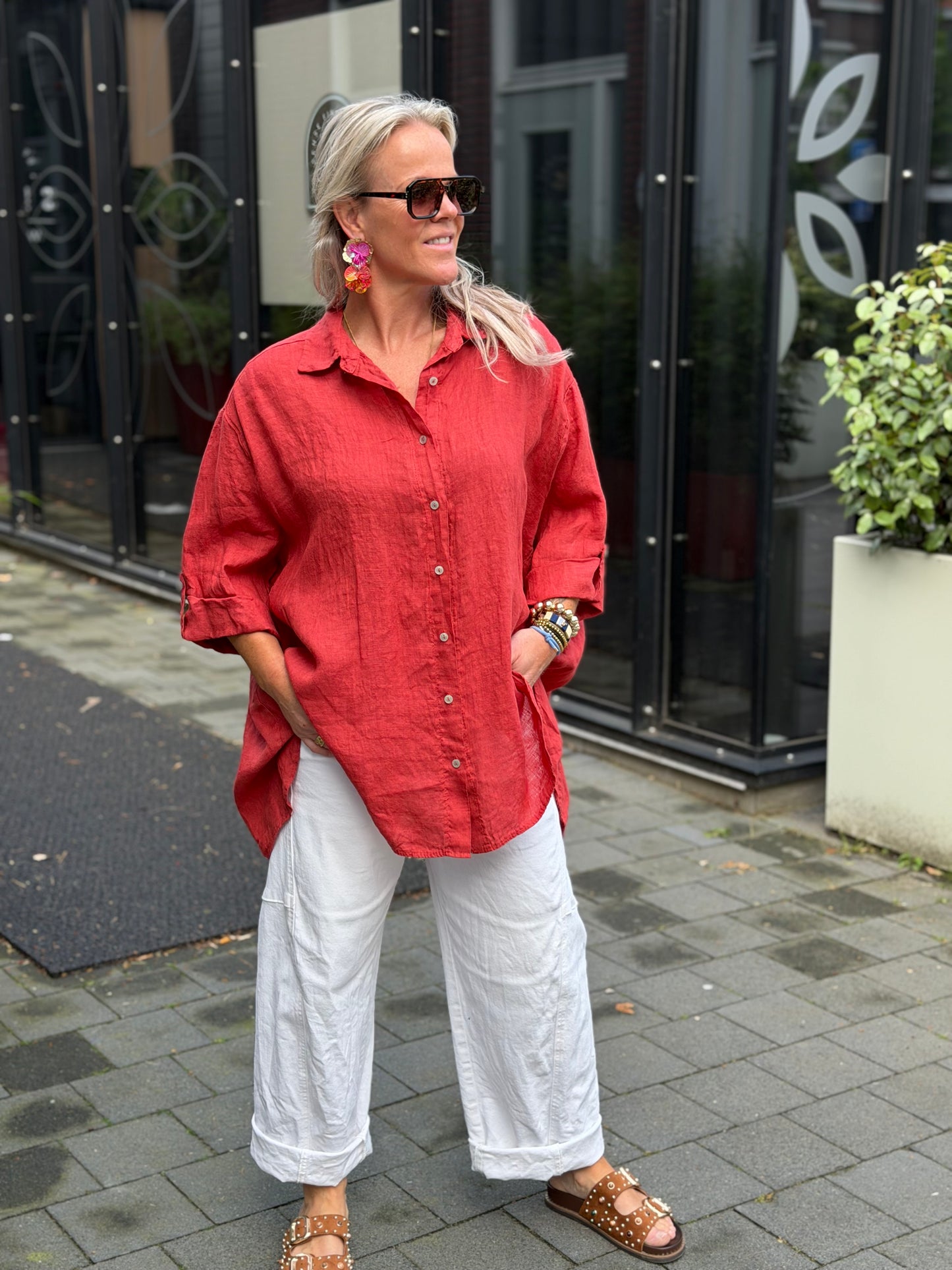 Linnen blouse oversized steen rood