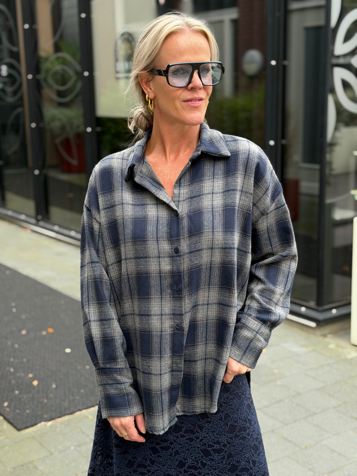 Flanel ruit blouse donker grijs
