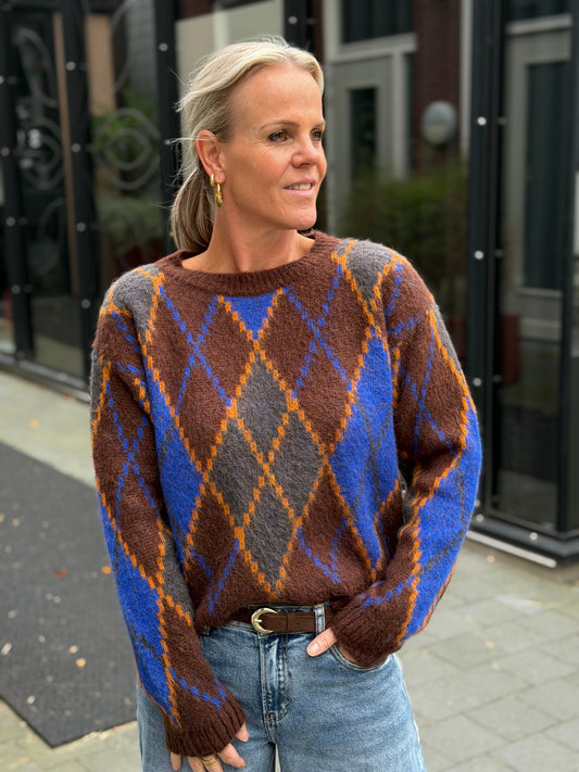 Mohair Argyle trui bruin kobalt
